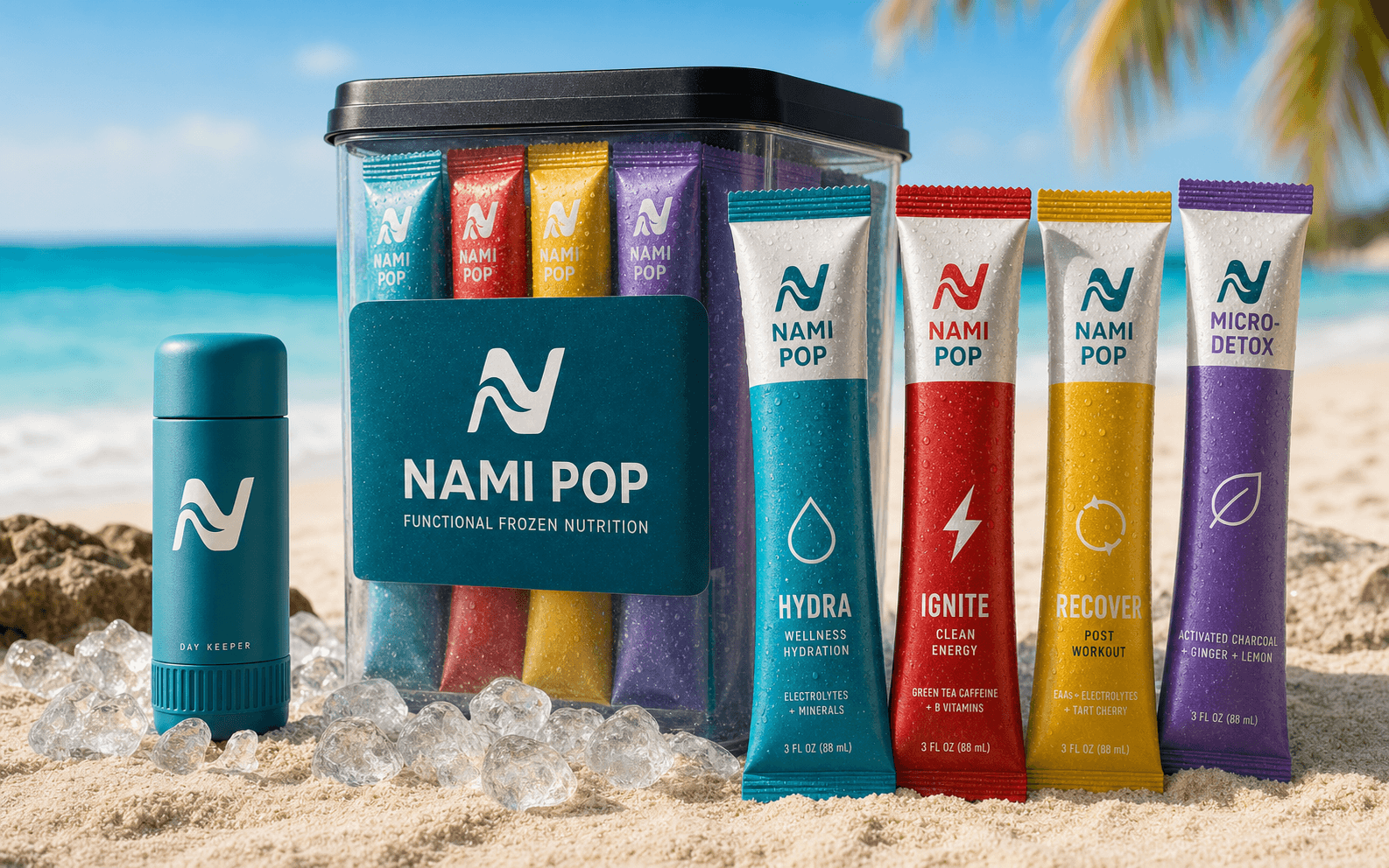 Nami Pop variety pack freezer tub and sealed frozen supplement sleeves