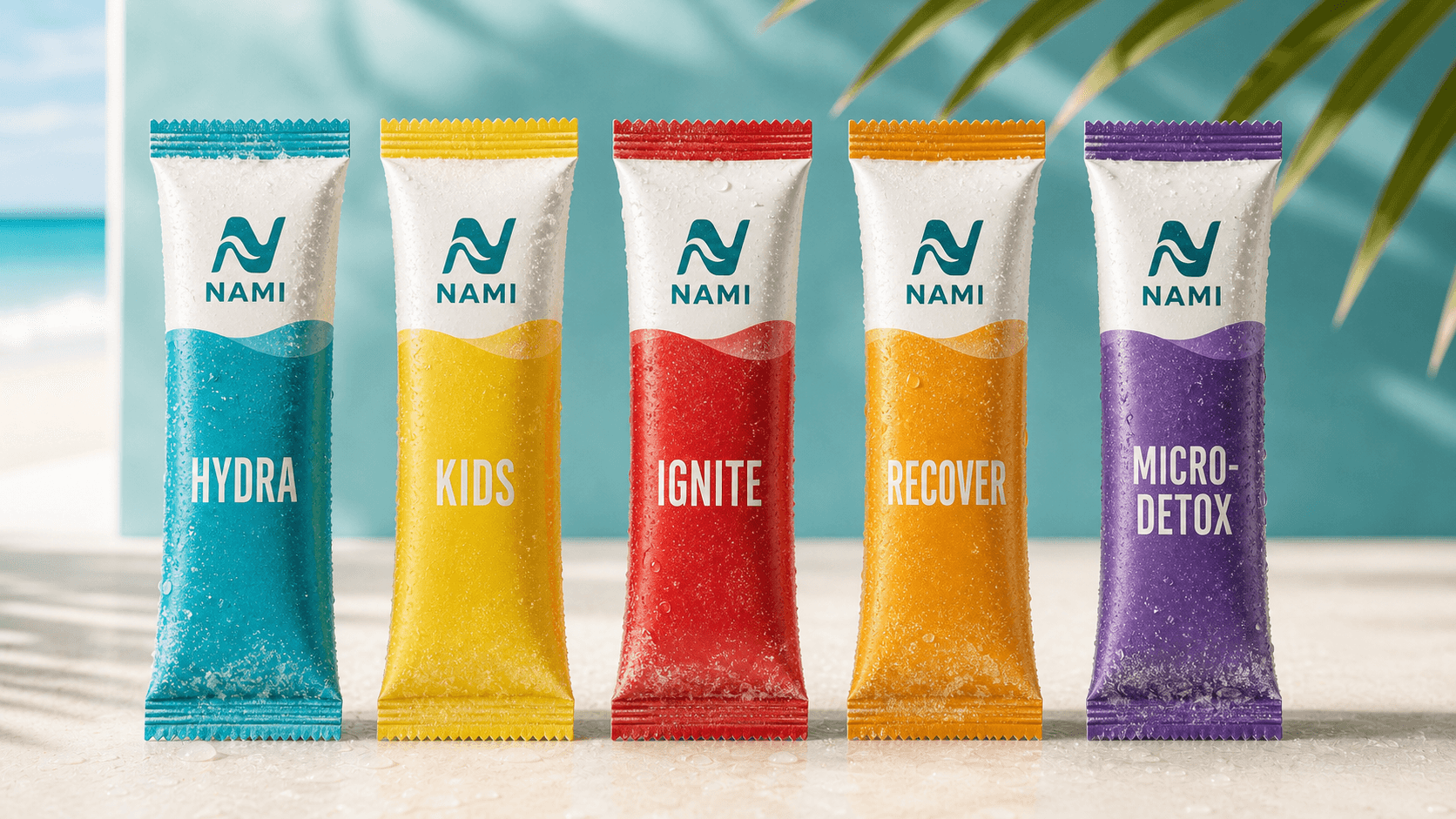 Five Nami Pop sealed frozen supplement sleeves for HYDRA, KIDS, IGNITE, RECOVER, and MICRO-DETOX